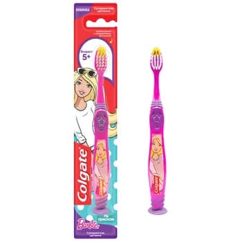 Çagalar üçin diş şýotkasy Colgate "Barbie, Batman" 5+ ýaş, ýokary derejeli ýumşaklyk