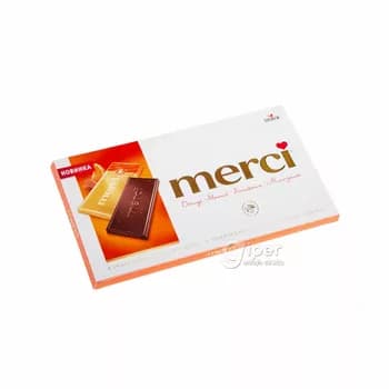 Ajy şokolad Merci pyrtykal şiresi we mindal bölekleri bilen, 100 gr