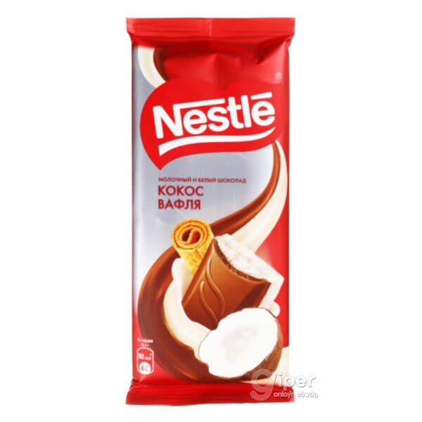 Şokolad "Nestle" kokos we wafli bilen süýtli we ak şokolad, 82 gr