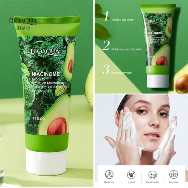 "Bioaqua" awakado bilen ýüz ýuwmak üçin penka "Niacinome Avocado Moisturizing Cleanser", 100 ml