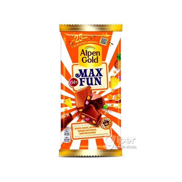 Şokolad Alpen Gold "Max Fun" mango, ananas, marakuýa, karamelli we ýarylýan şarjagazly, 150 gr