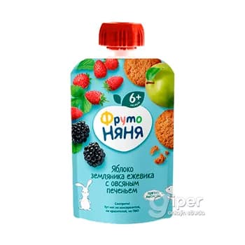 Çaga pýuresi "ФрутоНяня" alma, zemlýanika we böwürslen owsýanny kökejikler bilen, 90 gr