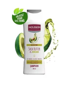 Mousson duzsuz şampuny. Şi ýagy we awokada ekstrakty bilen tebigy baýlaşdyrylan elektriklenmä garşy we göneldiji 385 ml