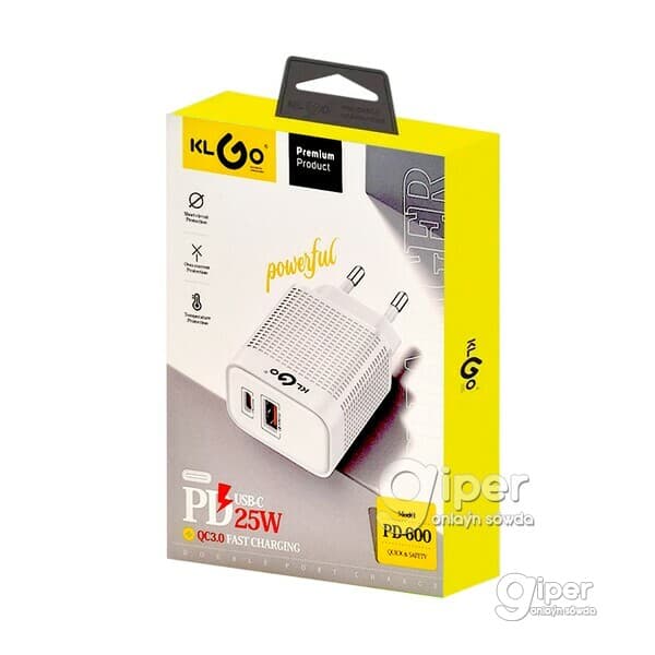 Зарядное устройство для телефона "Klgo" (2 выхода USB/Type C) ak PD-600