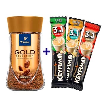 Ereýän kofe Tchibo Gold Selection, çüýşe gap, 95 gr + sowgat Kofe Keyfimo 3in1, kiçi paket 3x16gr