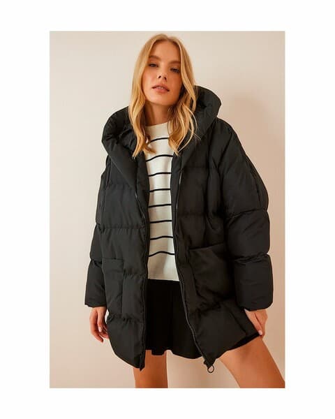 Женское черное пуховик оверсайз с капюшоном (STD)