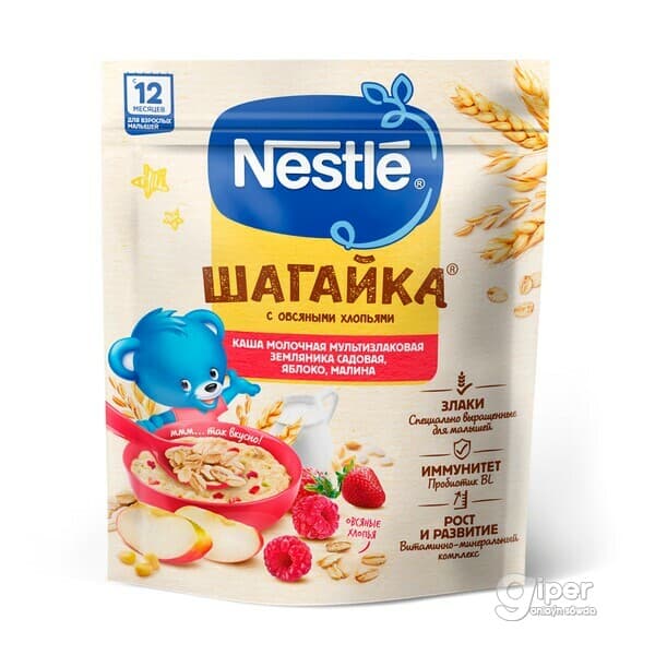 Süýtli şüle Nestle "Шагайка" 12 aýdan başlap, Alma-malina we 5 däneler bilen, 190 gr