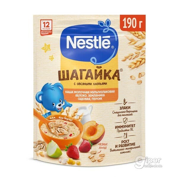 Süýtli şüle Nestle "Шагайка" alma, ýertudana, şetdaly bilen 190 gr