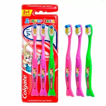 Детская зубная щетка Colgate "Доктор Заяц" 2+1, (супермягкая)