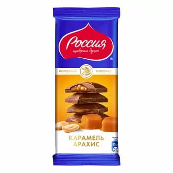 Süýtli şokolad Nestle "Россия" karamel we arahisli, 82 gr