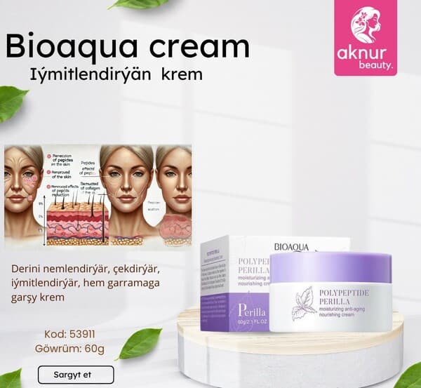 Bioaqua derini nemlendirýär we çekdirýär iýmitlendirýär hem garramaga garşy krem 60 gr