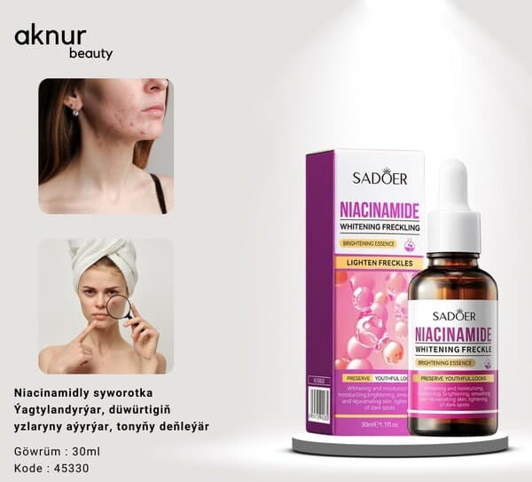 SADOER Niacinamidly syworotka ýagtylandyrýar düwürtigiň yzlaryny aýyrýar we tonuňy deňleýär 30 ml