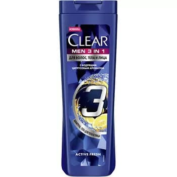 Clear шампунь для мужчин 3в1 active fresh, с бодрящим цитрусовым ароматом, 400 мл