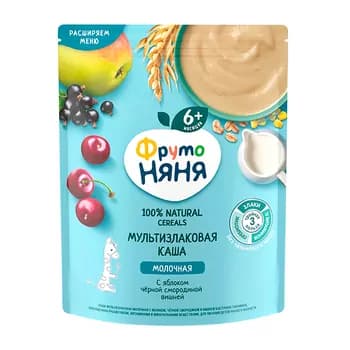 Çagalar üçin multizlakly şüle "ФрутоНяня" süýtli, alma, gara smorodina we ülje, 200 gr