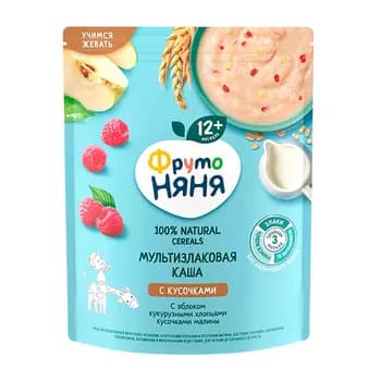 Çagalar üçin multizlakly şüle "ФрутоНяня" bölejikli, alma, mekgejöwen hlopýa we malina bölejikleri, 200 gr