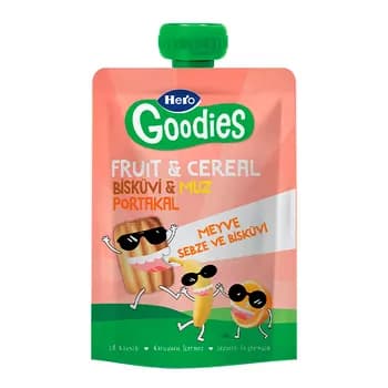 Çaga pýuresi "Hero Goodies" köke, banan we pyrtykal tagamly, 100 gr