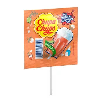 Karamel süýji Chupa-Chups "Milk Tea" şetdaly we süýtli çaý tagamly, 15 gr (1 sany)