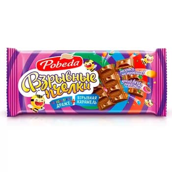 Süýtli şokolad Победа "Взрывные Пчелки" mini-draze we ýarylýan karamelli, 80 gr