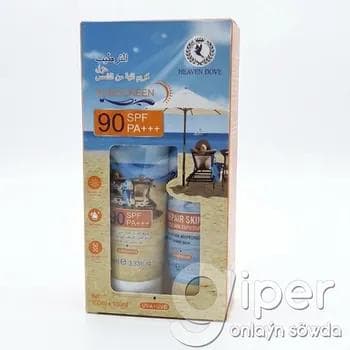 Günden goraýan krem we dikeldiji toplum HEAVEN DOVE "Sunscreen" (SPF 90 PA+++), 100 ml + 100 ml