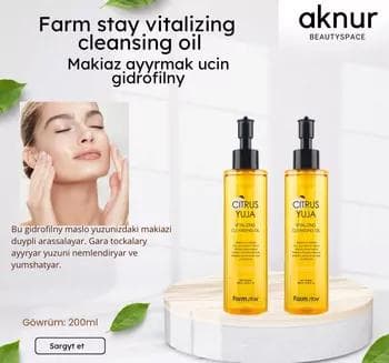Farmstay Citrus Yuja gidrafilny ýag ýüzüňüzdäki makiýažy düýpli arassalaýar we gara toçkalary aýyrýar nemlendirýär we ýum'adýar 200 ml