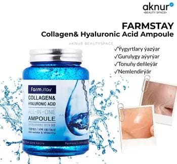 Farmstay Collagen Hyaluronic Acid Ampoule ýygyrdy ýazýar we gurulygybaýyrýar tonuňy deňleýär 250 ml