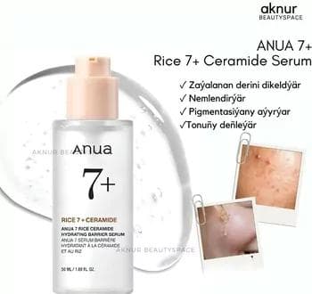 Anua 7+ Rice 7+ Ceramide Serum Pigmentasiýany aýyrýar we tonuňy deňleýär zaýalanan derini dikeldýär 50 ml
