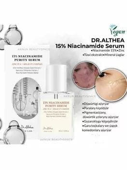 Dr.Althea düwürtüki we poraly, gara toçkaly ýüzler üçin Niacinamide syworotka 30 ml (Original)