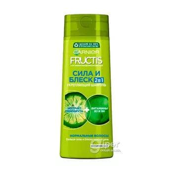 Şampun GARNIER Fructis 2/1 Güýç we Öwüşgin (Berkidiji witaminler we greýfrut ekstrakty normal saçlar üçin), 400 ml