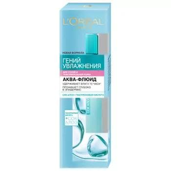 Akwa-flýuid Loreal Paris "Гений Увлажнения" gury we duýgur deri üçin, 70 ml
