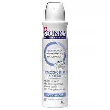 Antiperspirant Deonica "Прикосновение Хлопка" zenanlar üçin, 150 ml