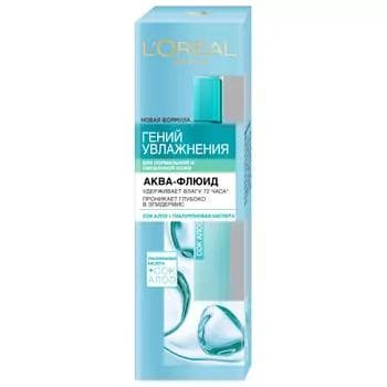 Akwa-flýuid Loreal Paris "Гений Увлажнения" adaty we garyşyk deri üçin, 70 ml