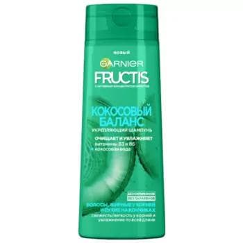 Şampun GARNIER Fructis Kokosly balans (Berkidiji witaminler we kokos suwy bilen düýbi ýagly uçlary gurak saçlar üçin), 400 ml
